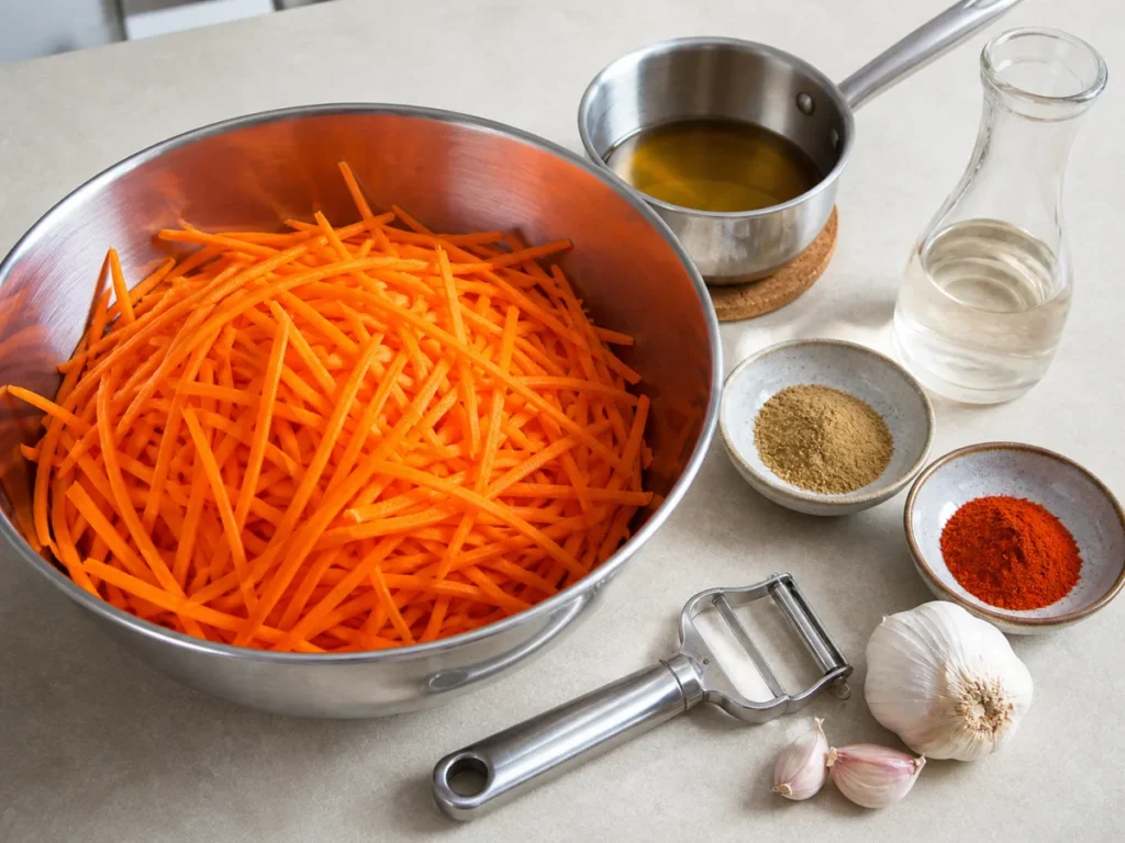 Julienned carrots prepared for Morkovcha with garlic, coriander, paprika, vinegar, and warm oil