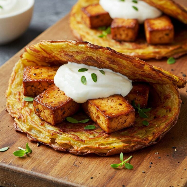Crispy potato wraps with smoky tofu filling on a wooden board