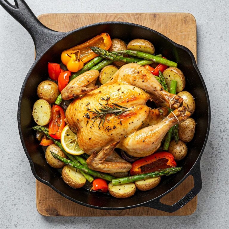 One-pan lemon herb roasted chicken surrounded by golden potatoes, carrots, and fresh herbs – a rustic, oven-baked meal. One-pan lemon herb roasted chicken