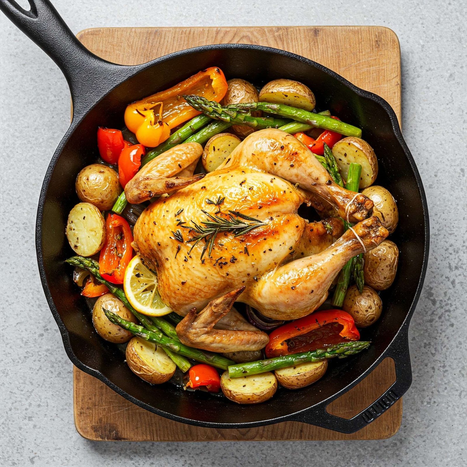 One-pan lemon herb roasted chicken surrounded by golden potatoes, carrots, and fresh herbs – a rustic, oven-baked meal. One-pan lemon herb roasted chicken