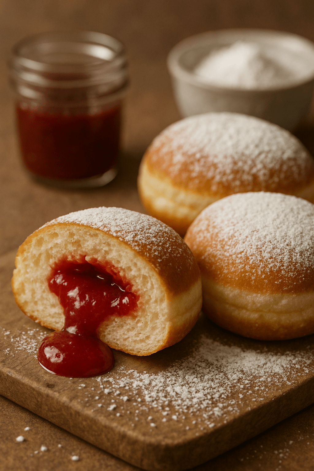 Homemade German Berliners Filled with Jam and Powdered Sugar