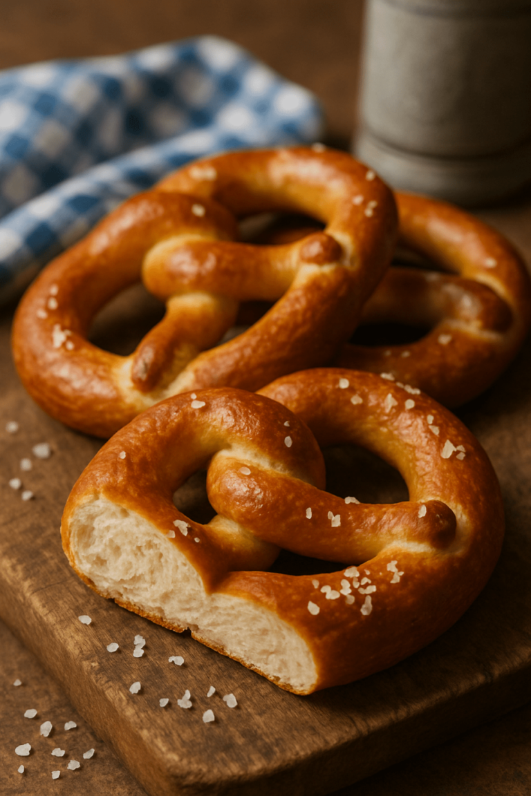 Freshly baked golden-brown pretzels topped with coarse salt on a rustic wooden board, with a blue-and-white checkered cloth in the background. German Pretzels in 30 min