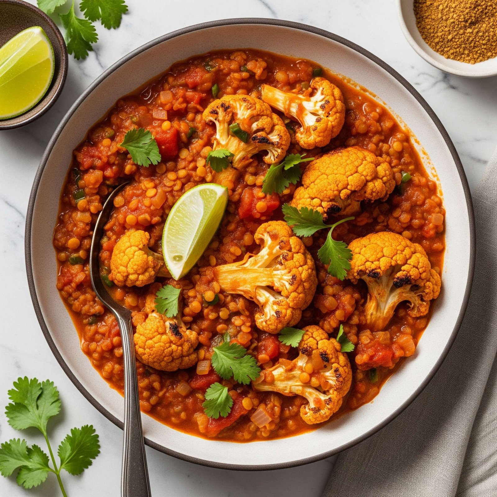 Ein reichhaltiges, proteinreiches veganes Linsen-Curry mit geröstetem Blumenkohl in einer Schüssel, garniert mit frischem Koriander und einem Spritzer Limette, dazu Basmatireis.