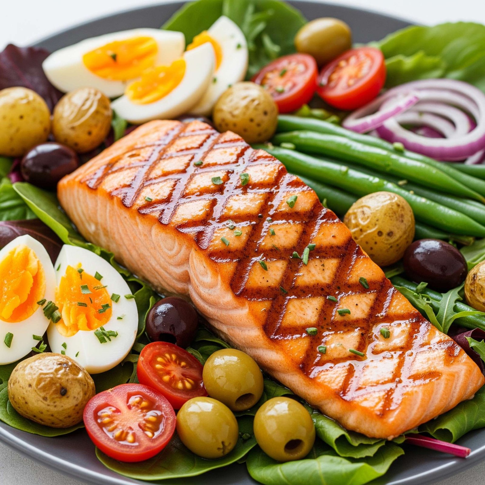 Delicious assorted grilled salmon nicoise salad with cherry tomatoes, eggs, olives, and capers on an oval plate over a white marble background.