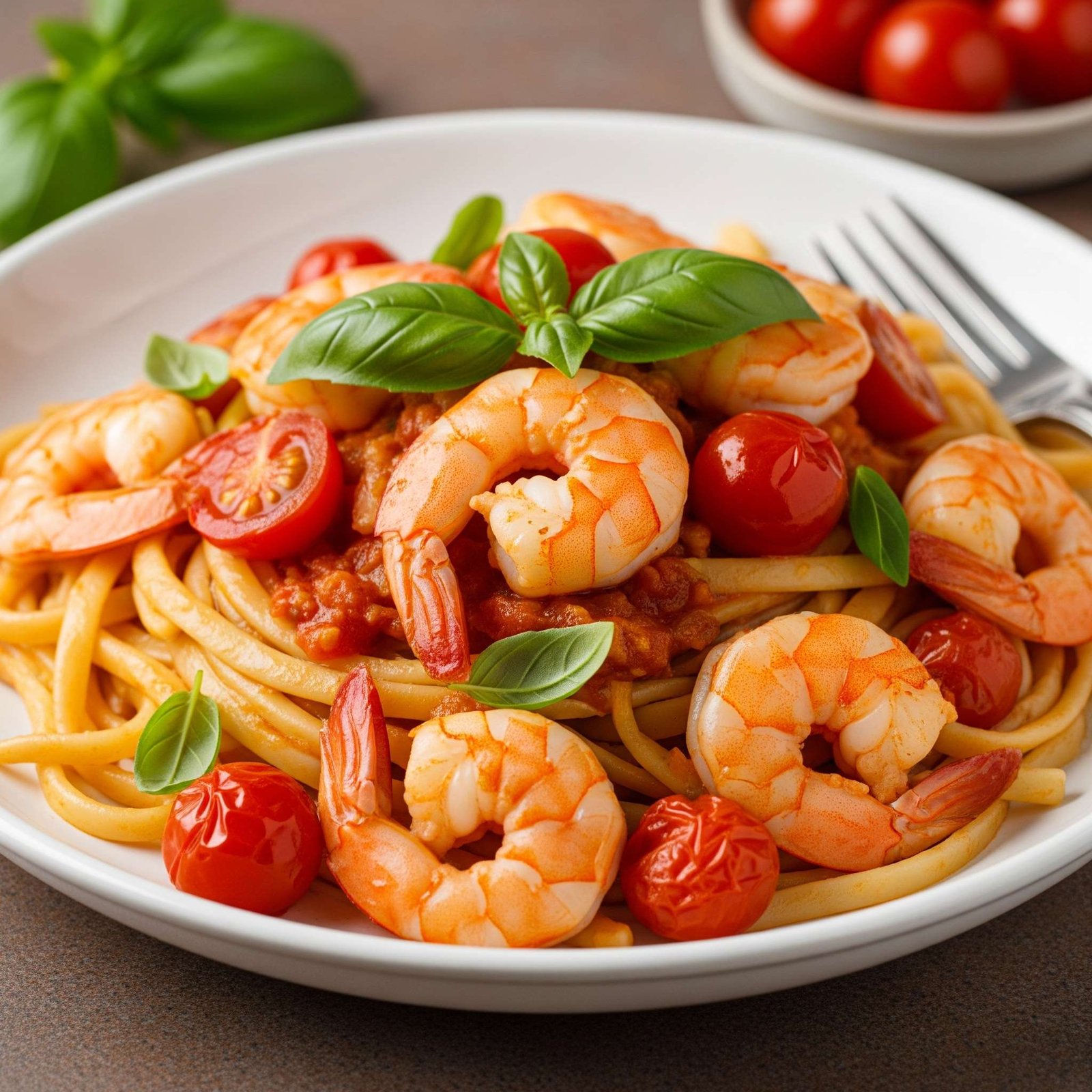 Close-up of a vibrant plate of quick shrimp and cherry tomato pasta, highlighting the juicy shrimp, burst cherry tomatoes, and fresh basil.