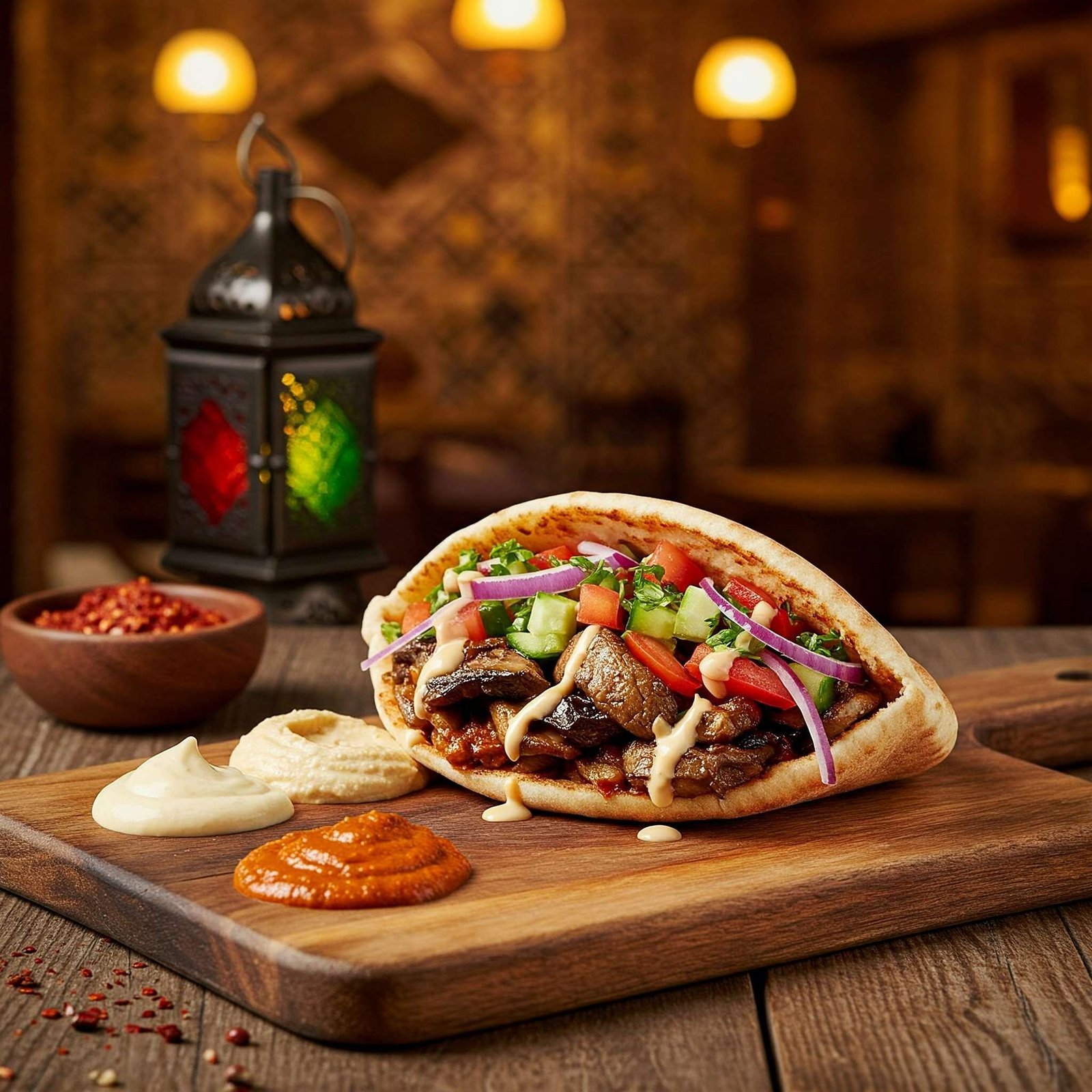 Close-up of vegan mushroom shawarma in pita bread with toppings. Vibrant photo of vegan mushroom shawarma, filled with mushrooms and vegetables. Appetizing image of vegan shawarma with mushrooms, tahini sauce, and fresh vegetables.