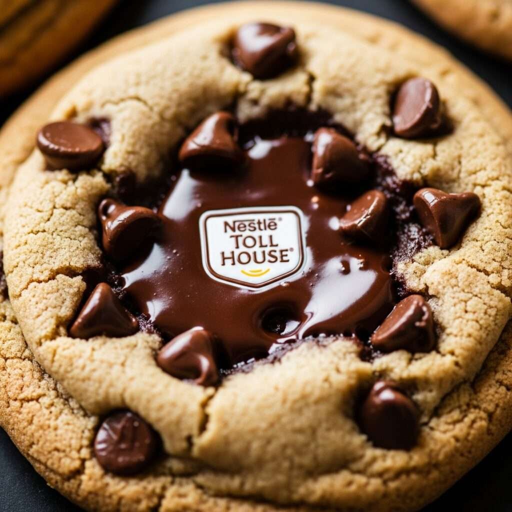 Perfect Nestlé Toll House chocolate chip cookie with abundant chocolate chips, clear close-up.