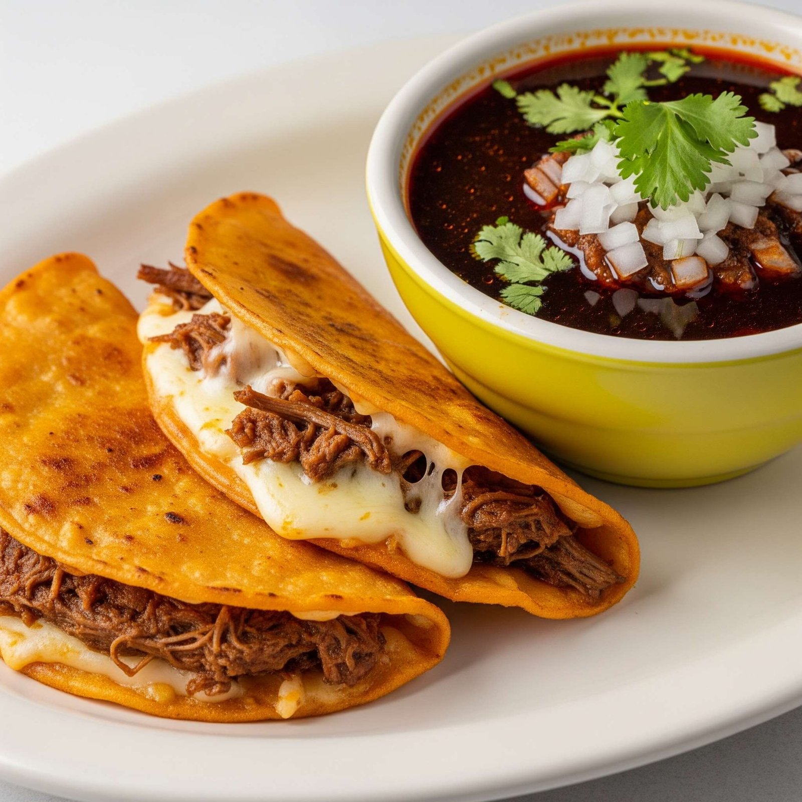 Plate with two crispy Birria Tacos, filled with melted cheese and shredded beef, next to a bowl of consommé for dipping, garnished with cilantro and onions.