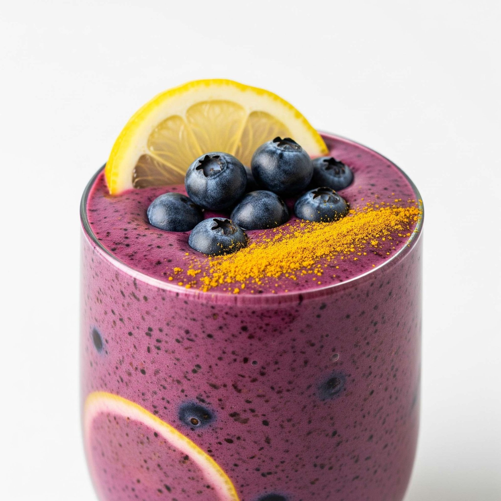 A vibrant purple smoothie in a glass, showcasing the blend of blueberries and lemon, with visible pieces of ginger and a sprinkle of turmeric, garnished with lemon slices and fresh blueberries.
