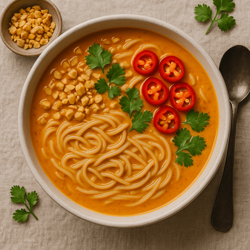 Steaming bowl of Spicy Thai Peanut Noodle Soup, a flavorful vegan dish with noodles, colorful vegetables, and a rich peanut broth, garnished with cilantro and peanuts.