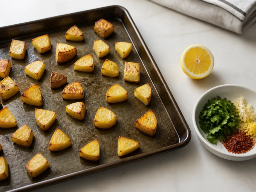 Batata Harra potato cubes roasting in a single layer beside garlic, cilantro, lemon, and Aleppo pepper