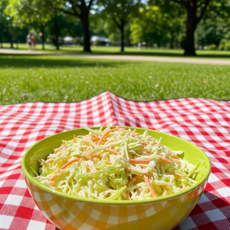 A vibrant bowl of creamy coleslaw, perfectly dressed, with finely shredded green cabbage and grated carrots visible. The salad appears fresh and crisp, ready for a picnic or BBQ.