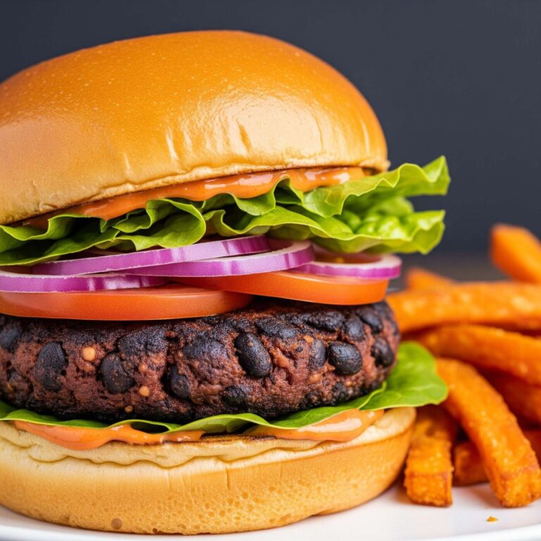 a delicious black bean burger on a brioche bun with fresh lettuce, ripe tomato slices, red onion, and a generous dollop of vegan sriracha mayo, served with a side of crispy sweet potato fries. The burger has a visible, slightly charred exterior and a rich, dark interior. The focus is on making the burger look appealing and hearty, showcasing its texture and vibrant toppings.