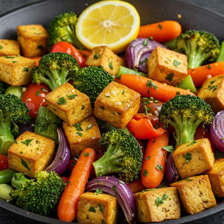 Colorful roasted broccoli, bell peppers, red onion, and potatoes with crispy tofu on a baking sheet. Vegan one-pan meal of lemon-herb roasted vegetables and golden-brown crispy tofu. Close-up of tender-crisp roasted vegetables with a bright lemon herb coating and crispy tofu cubes.