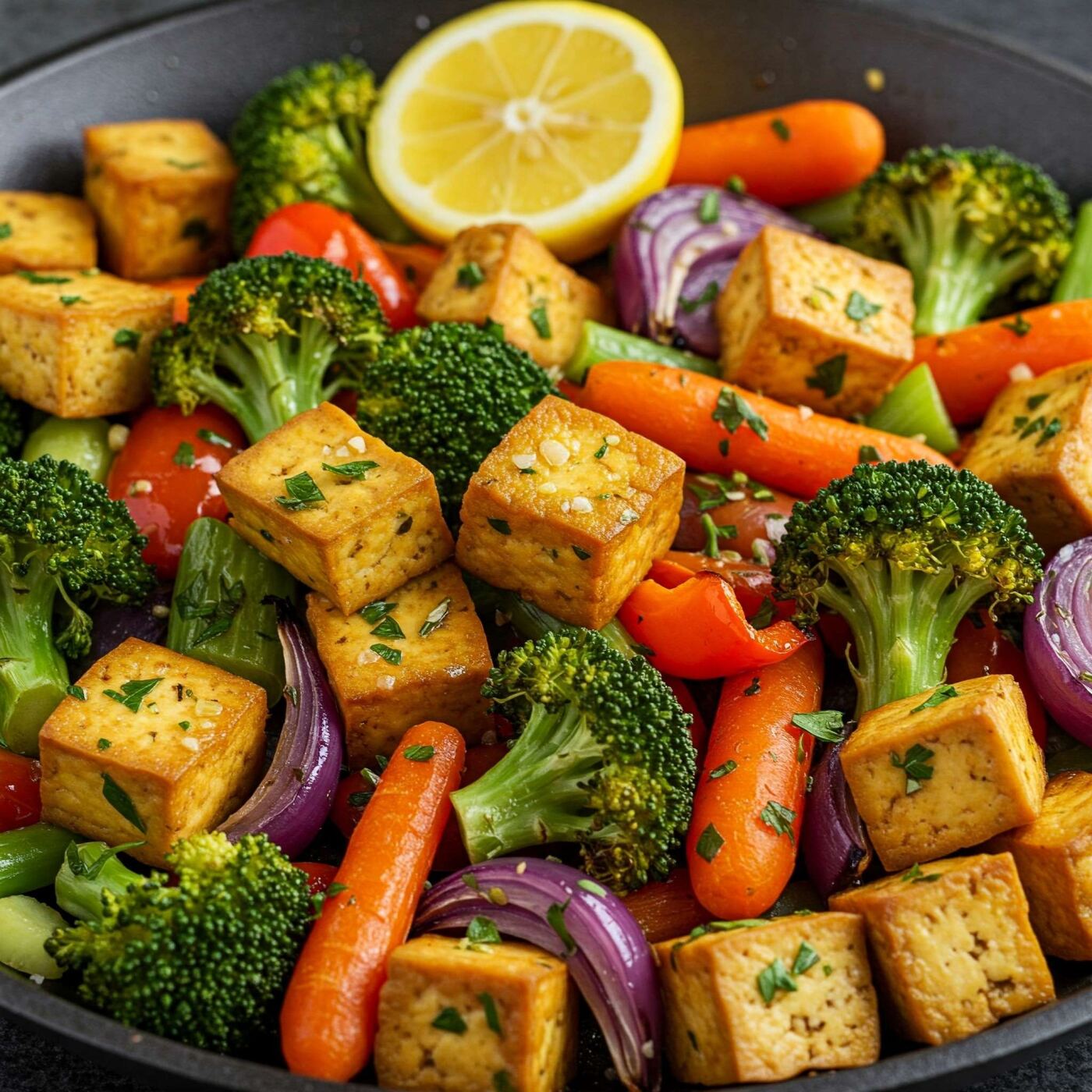 Colorful roasted broccoli, bell peppers, red onion, and potatoes with crispy tofu on a baking sheet. Vegan one-pan meal of lemon-herb roasted vegetables and golden-brown crispy tofu. Close-up of tender-crisp roasted vegetables with a bright lemon herb coating and crispy tofu cubes.