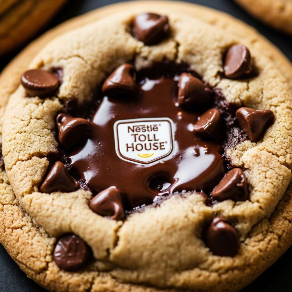 Perfect Nestlé Toll House chocolate chip cookie with abundant chocolate chips, clear close-up.