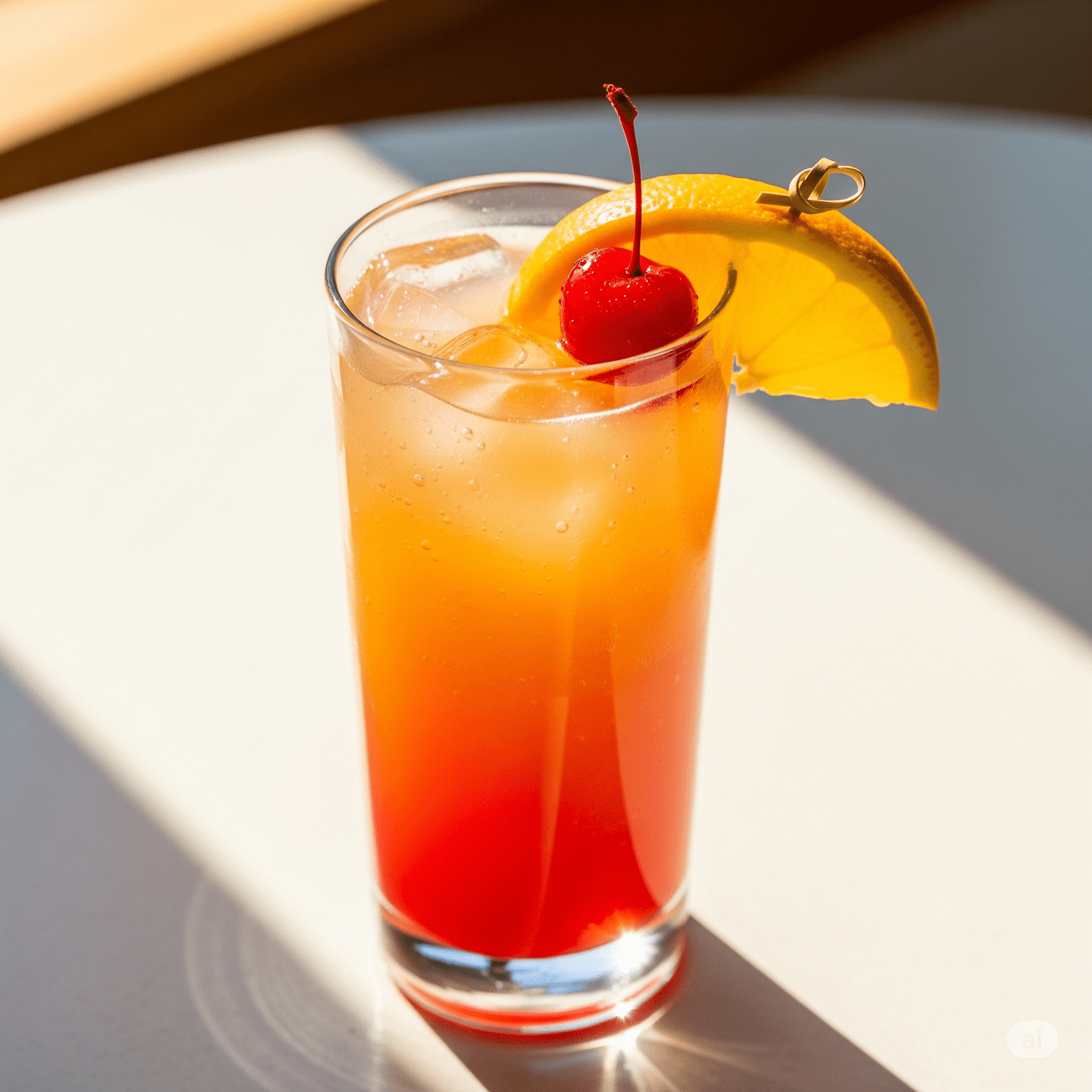 Sparkling Peach Sunrise Mocktail in a tall glass, with a gradient of peach, orange, and red, garnished with an orange slice and a cherry, on a bright, sunny table.