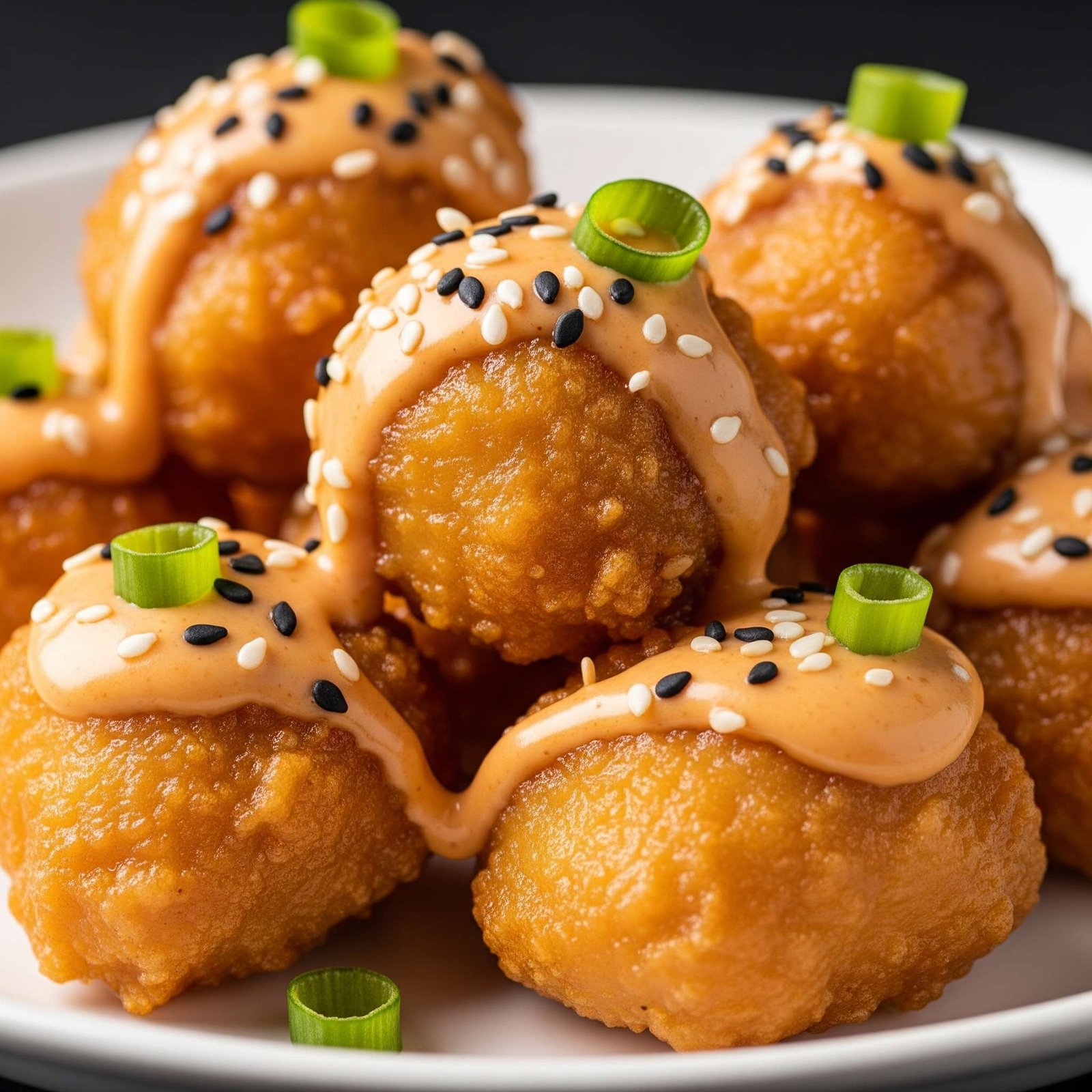 Crispy Bang Bang Chicken Bites coated in a creamy, orange sauce, garnished with green onions and sesame seeds.