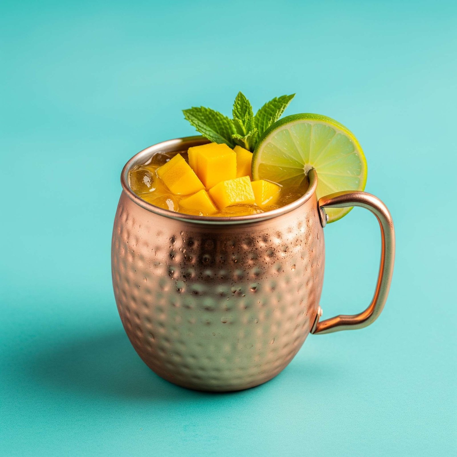 A beautifully styled mango mule mocktail, brimming with a tropical, vibrant mango flavor, is served in a classic copper mug. It is adorned with a fresh lime wedge and a sprig of mint. The mocktail is presented against a vivid turquoise backdrop.
