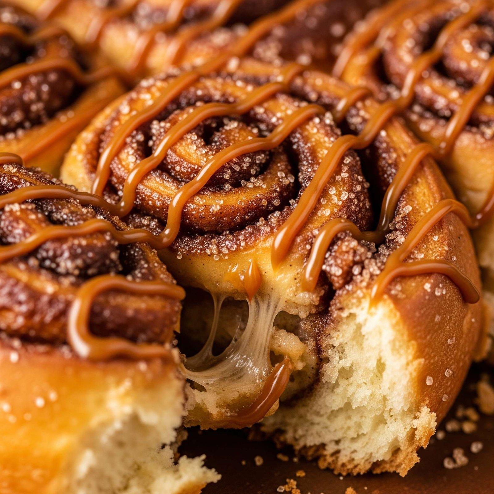 Caramelized TikTok cinnamon rolls, close-up. Viral Sensation: The viral TikTok Cinnamon Rolls Hack