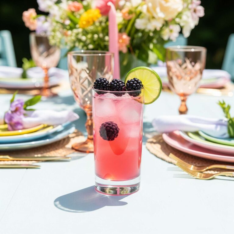 Blackberry Paloma Mocktail in a highball glass, garnished with blackberries and a lime wheel, on a bright, outdoor table setting.