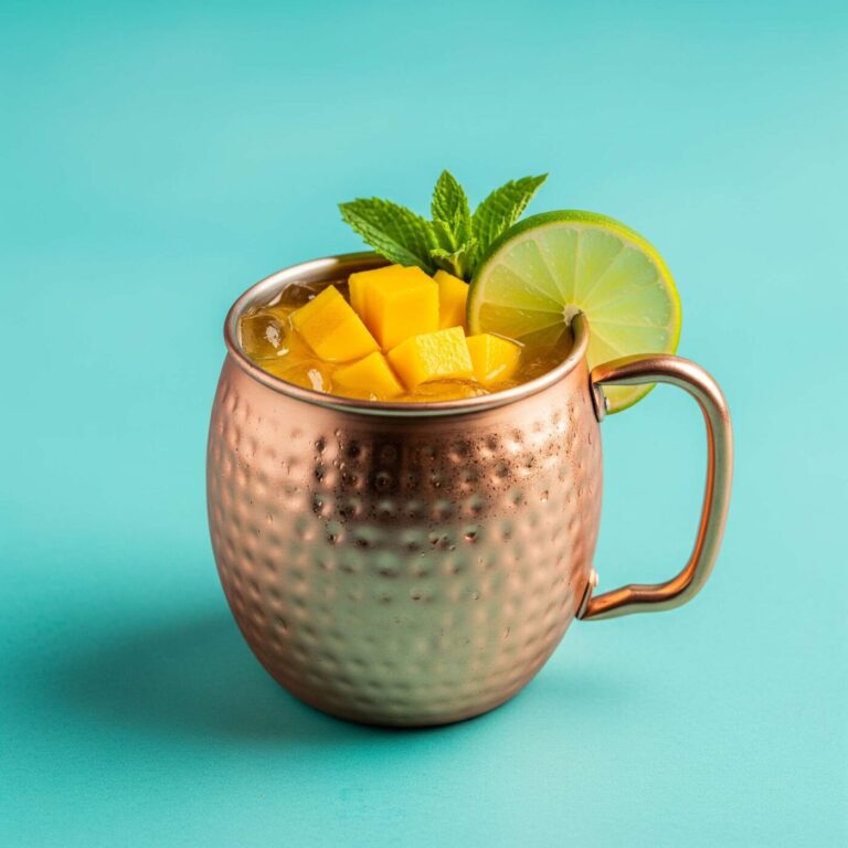 A beautifully styled mango mule mocktail, brimming with a tropical, vibrant mango flavor, is served in a classic copper mug. It is adorned with a fresh lime wedge and a sprig of mint. The mocktail is presented against a vivid turquoise backdrop.