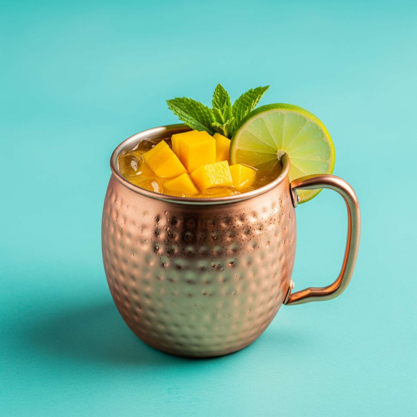 A beautifully styled mango mule mocktail, brimming with a tropical, vibrant mango flavor, is served in a classic copper mug. It is adorned with a fresh lime wedge and a sprig of mint. The mocktail is presented against a vivid turquoise backdrop.