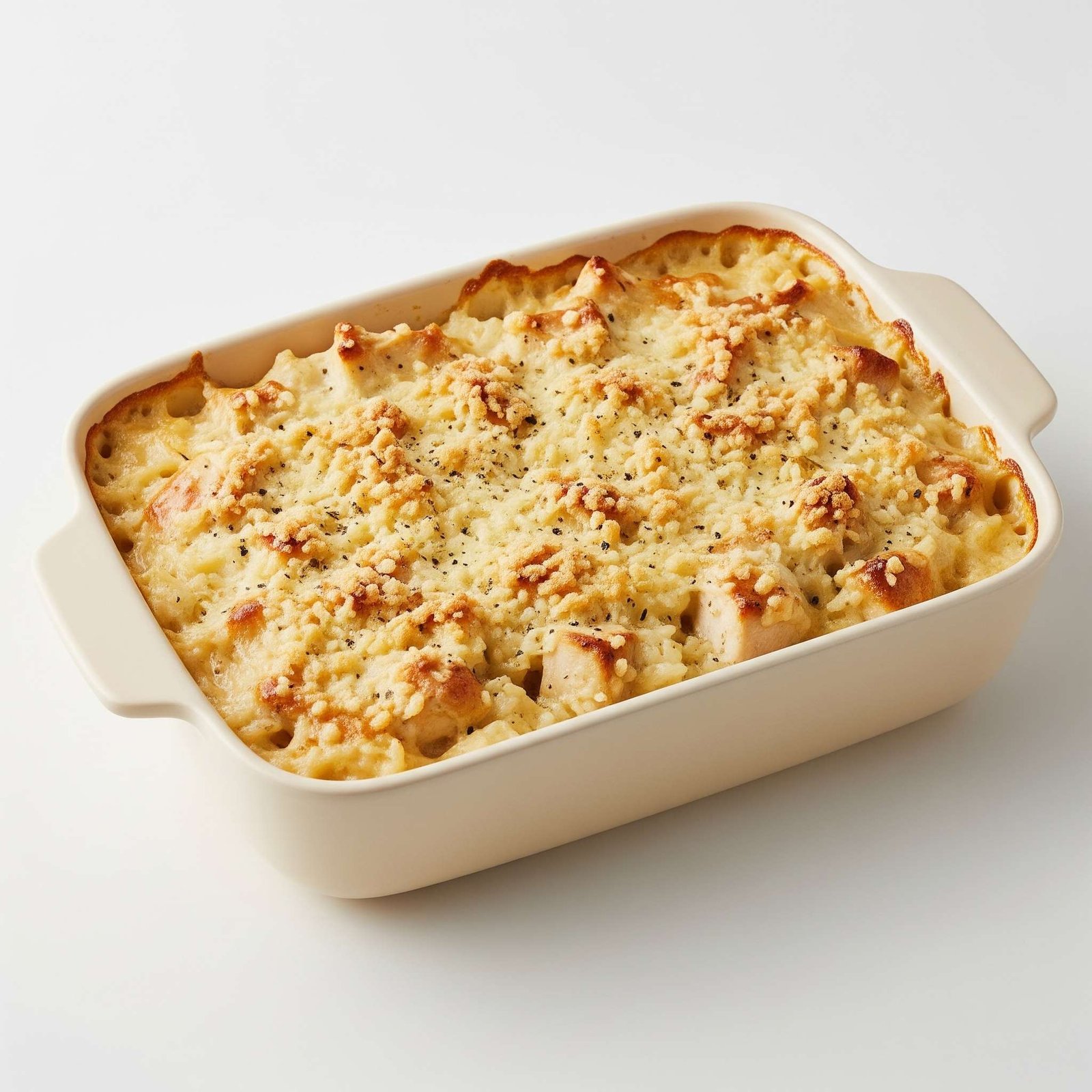 A golden-brown Neiman Marcus Chicken Casserole bubbling in a baking dish, with a crispy cracker topping and tender chicken visible.