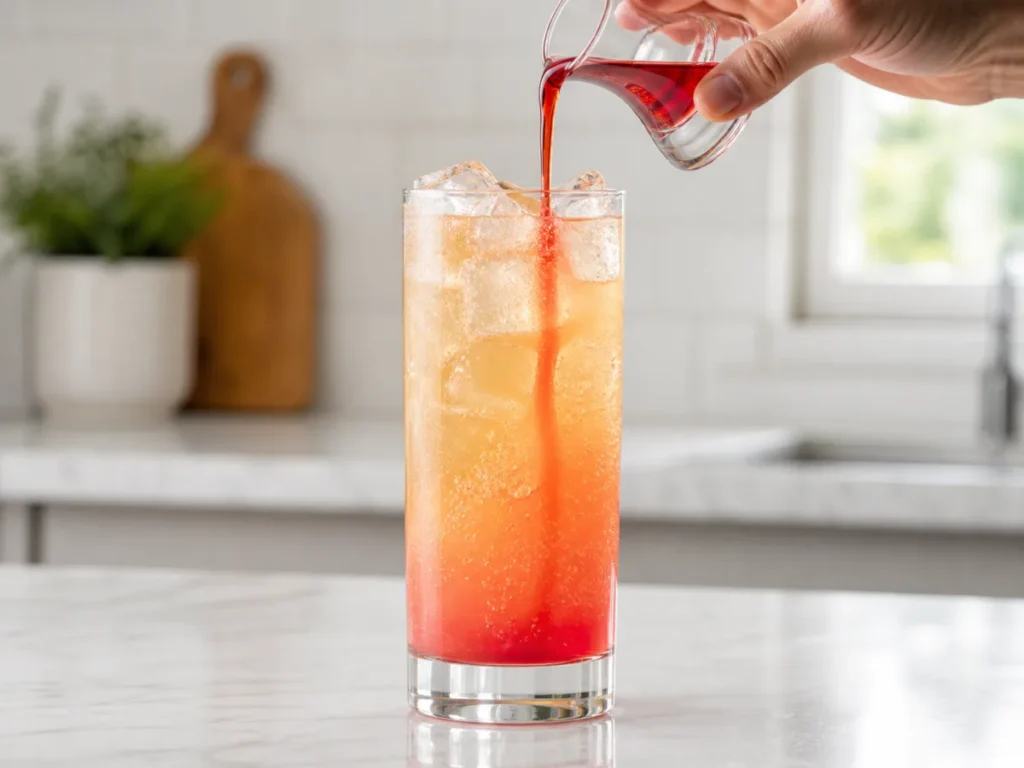 Grenadine poured slowly into a sparkling peach mocktail to create a sunrise gradient