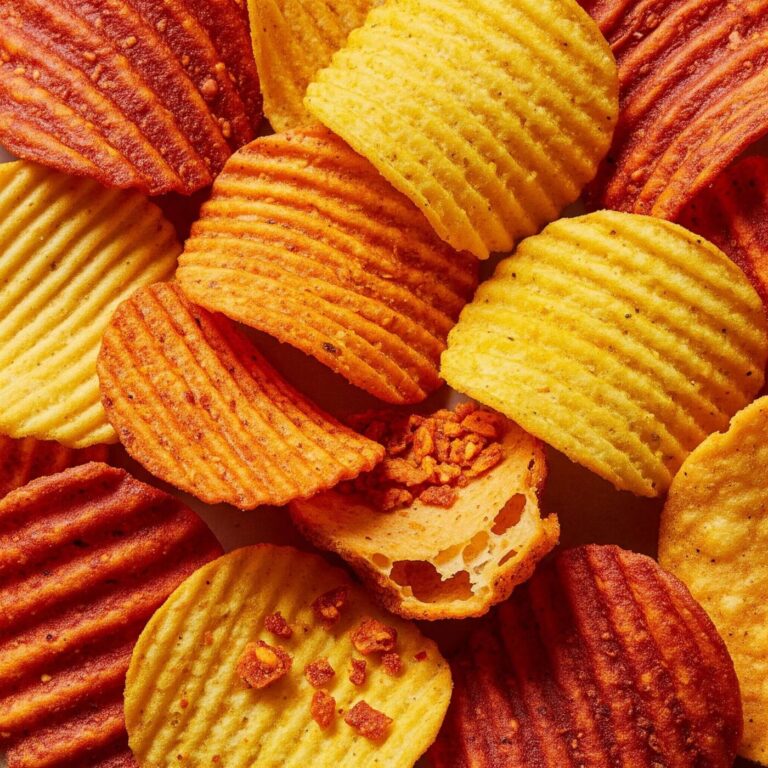 Spicy chips, close-up shot, various textures and colors.