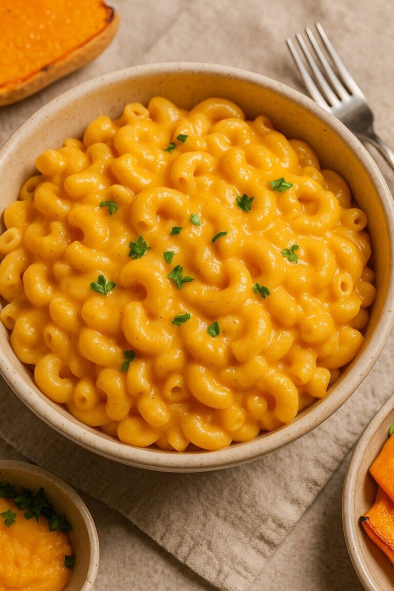 Creamy Butternut Squash Mac and Cheese served in a rustic yellow Dutch oven, topped with crispy panko and fresh sage, showing the rich, autumnal orange color.