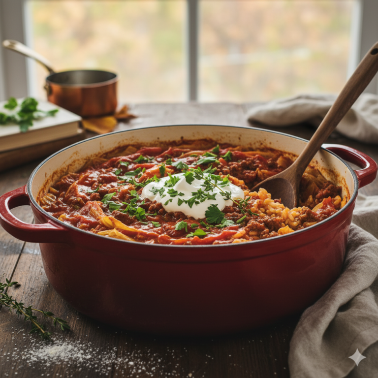 Hearty Unstuffed Cabbage Roll Casserole in a red Dutch oven, garnished with a dollop of sour cream and fresh chopped parsley, served on a rustic wooden table with a wooden spoon, evoking a cozy fall meal.