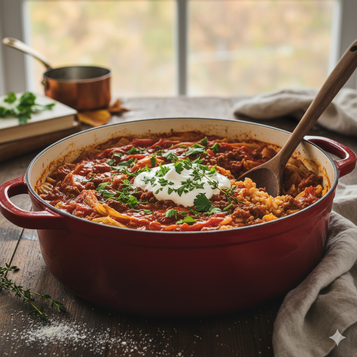 Hearty Unstuffed Cabbage Roll Casserole in a red Dutch oven, garnished with a dollop of sour cream and fresh chopped parsley, served on a rustic wooden table with a wooden spoon, evoking a cozy fall meal.