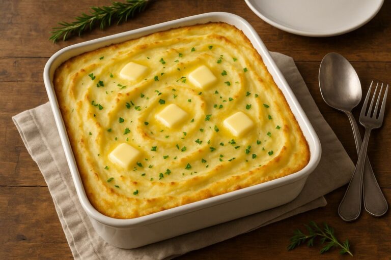 Baked Mashed Potato Casserole with a creamy, cheesy topping in a glass baking dish, ready for serving as a holiday side dish.