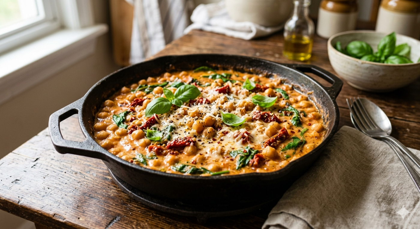 A rustic cast iron skillet filled with Marry Me Chickpeas in a creamy orange sauce, topped with fresh basil and parmesan cheese on a wooden table.