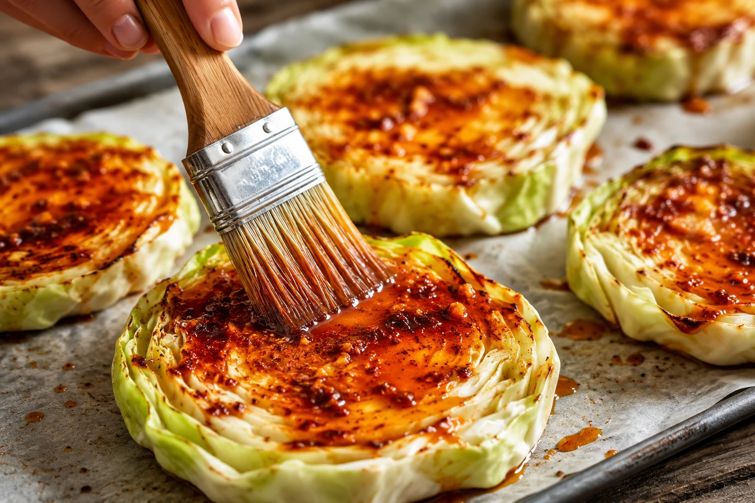roasted cabbage steaks brushing seasoning oil process shot