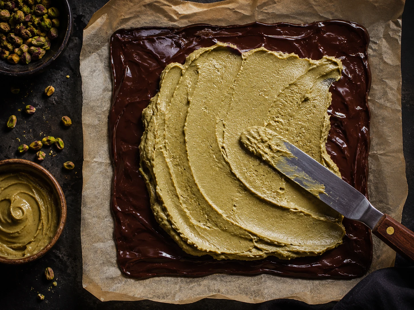 dubai chocolate bark spreading pistachio filling process shot