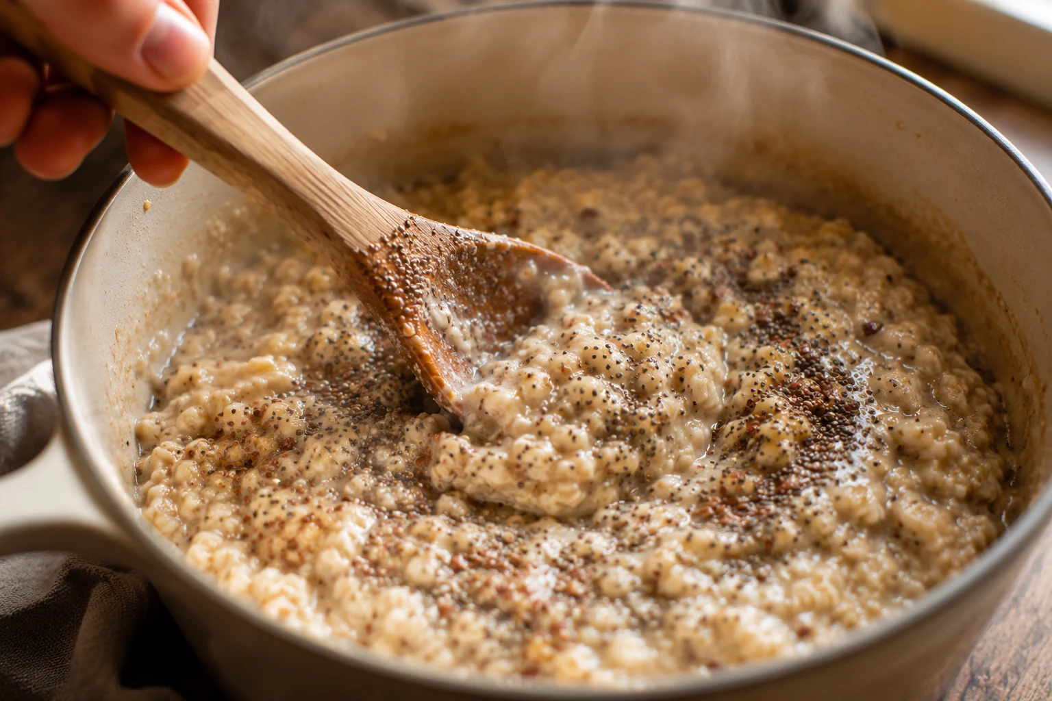 high fiber breakfast bowl stirring chia oats process shot