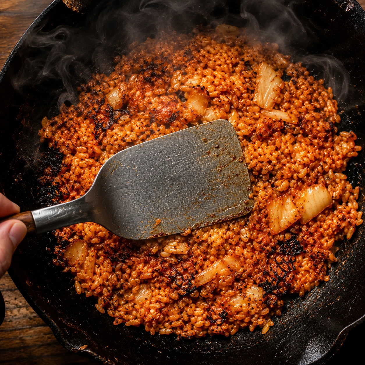 kimchi fried rice pressing flat process shot