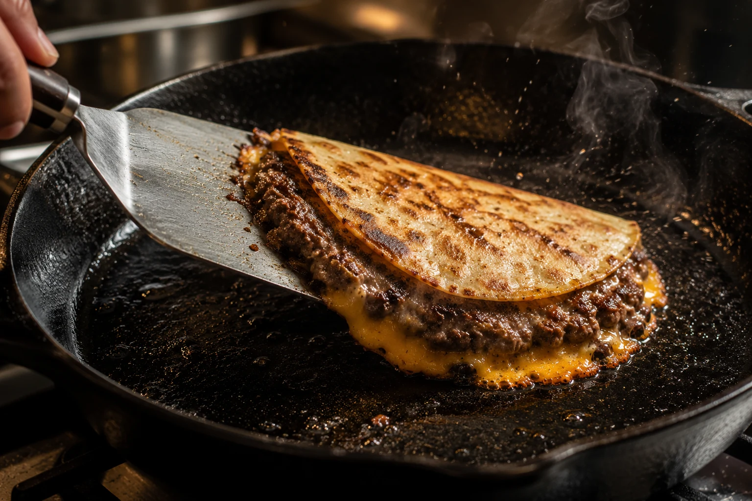 smash burger tacos mid flip process shot