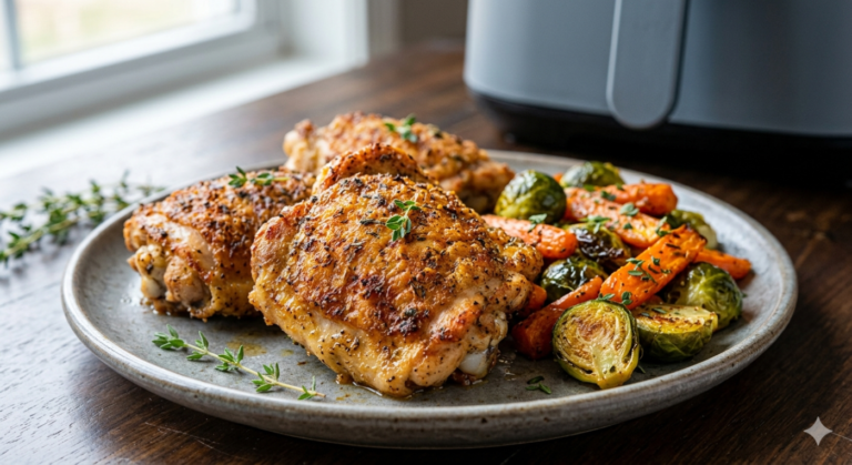 Crispy air fryer chicken thighs with golden skin, seasoned with paprika and herbs, served on a plate