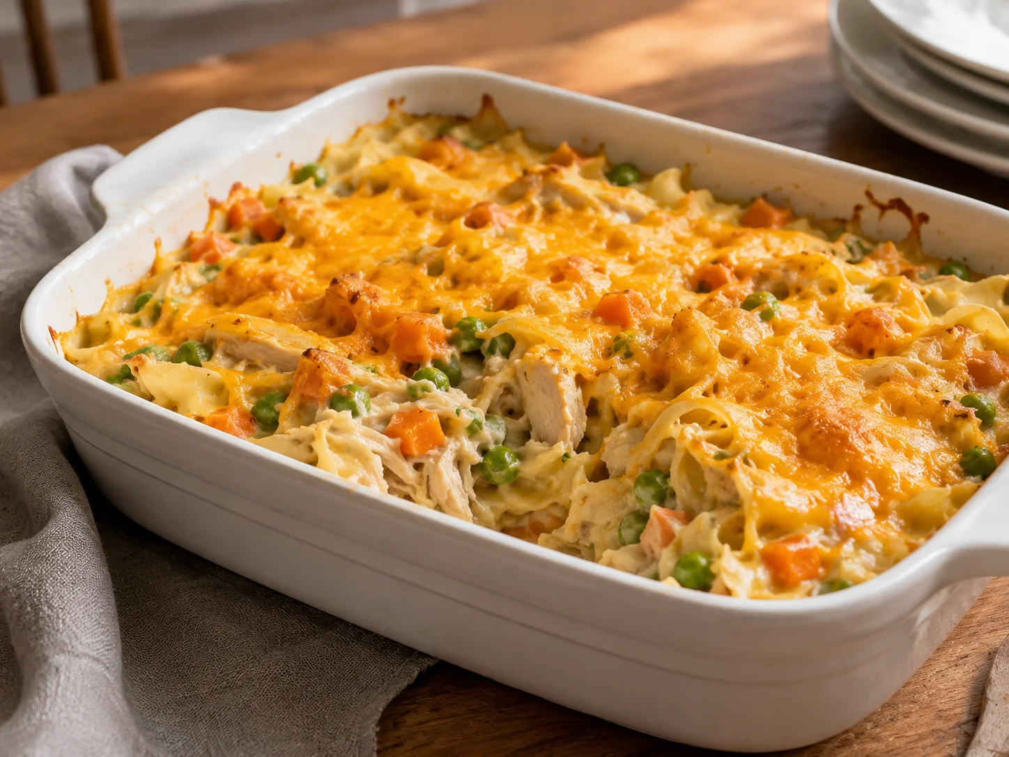make ahead chicken noodle casserole in a baking dish with golden cheese crust