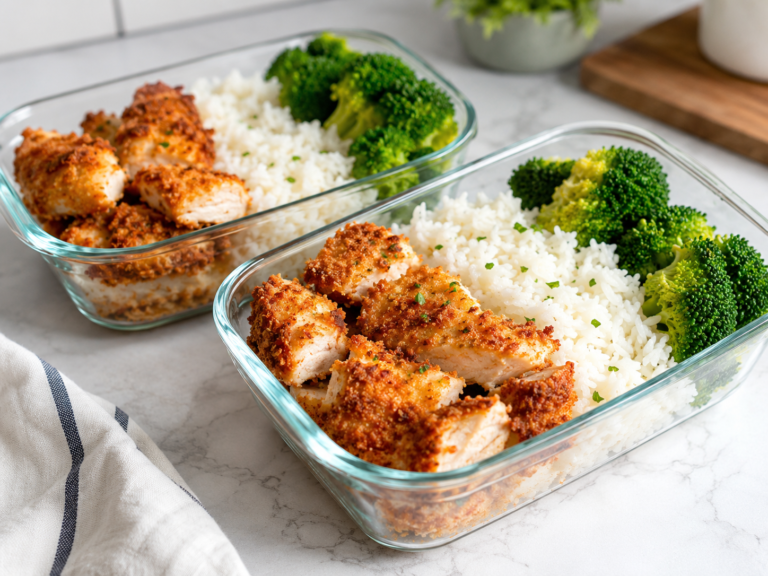 high protein chicken meal prep recipe — crispy panko chicken with rice and broccoli