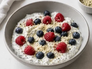 high protein lazy girl breakfast bowl with Greek yogurt berries and chia seeds