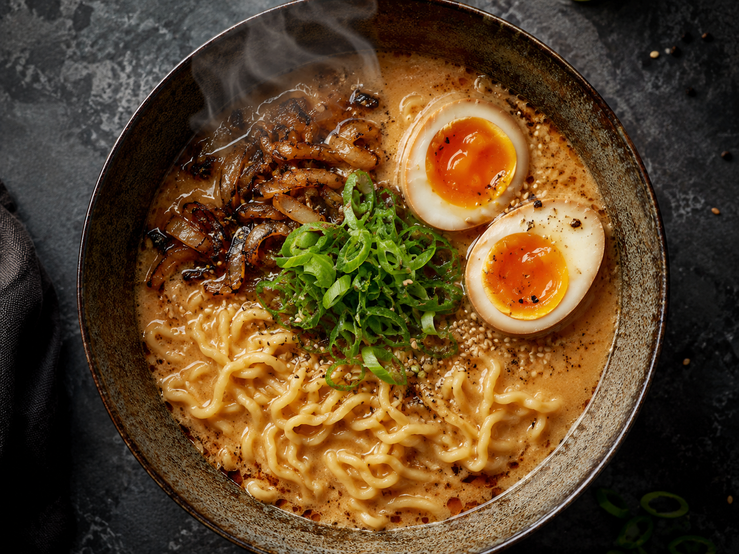 miso caramelized onion ramen recipe — bowl with soft-boiled egg and scallions