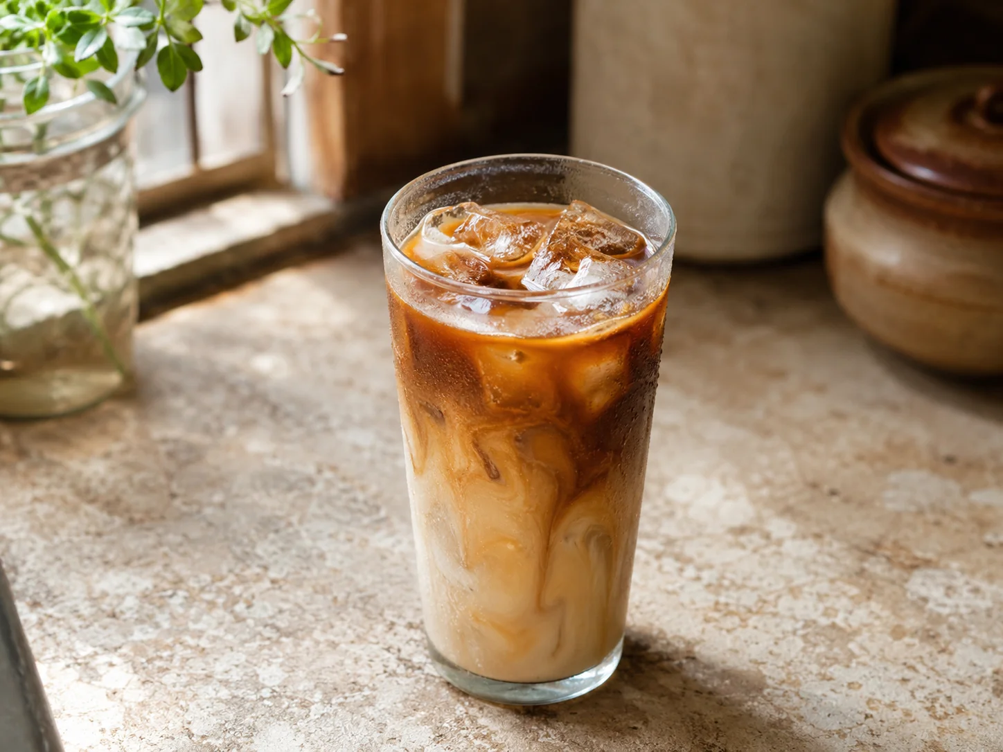 vegan iced coffee in a tall glass with oat milk and ice cubes
