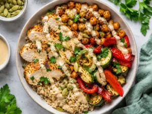GLP-1 friendly chicken bowl with roasted chickpeas and tahini
