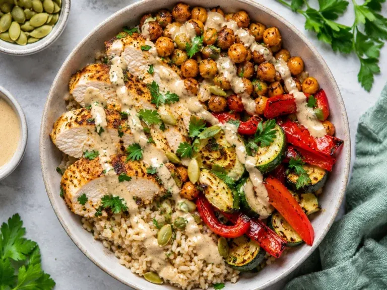 GLP-1 friendly chicken bowl with roasted chickpeas and tahini