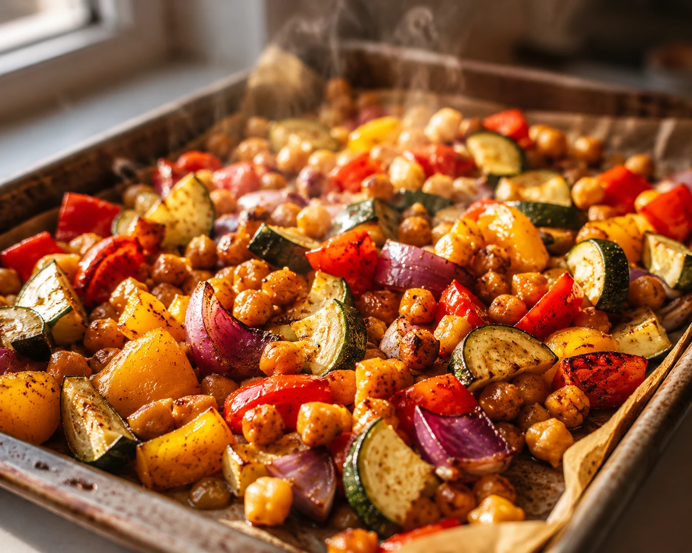 roasted chickpeas and vegetables tray
