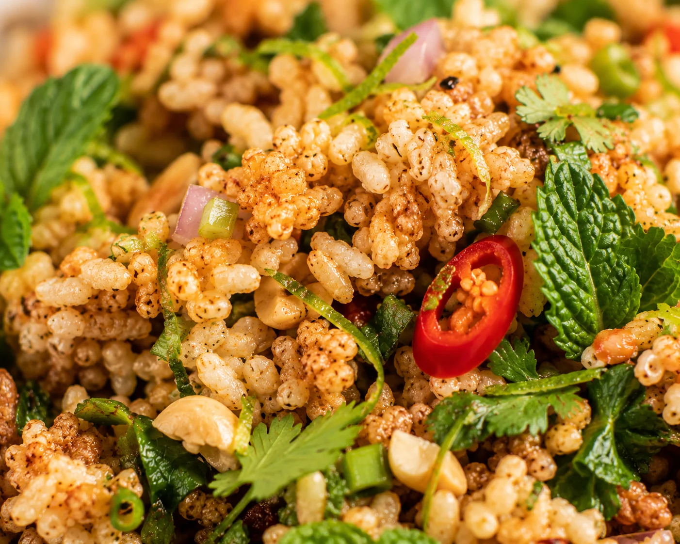 Close-up crispy golden rice pieces with herbs